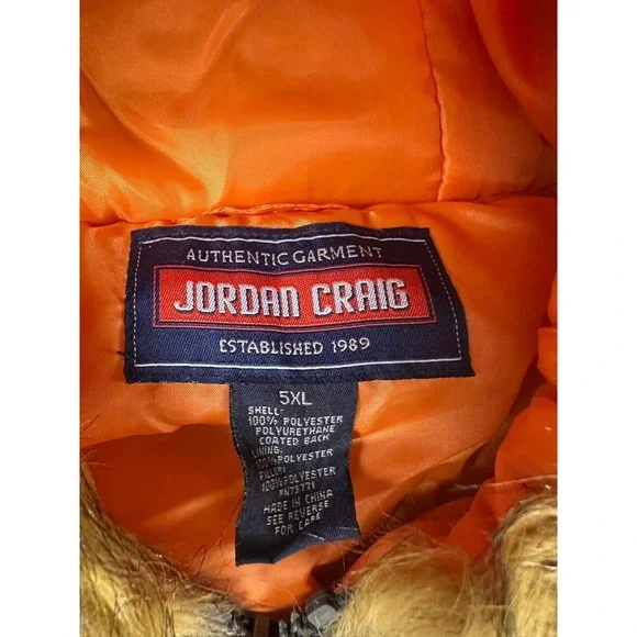 VTG Jordan Craig‎ Black Bomber Jacket Hooded Faux Fur Trim Orange Lined Mens 5XL